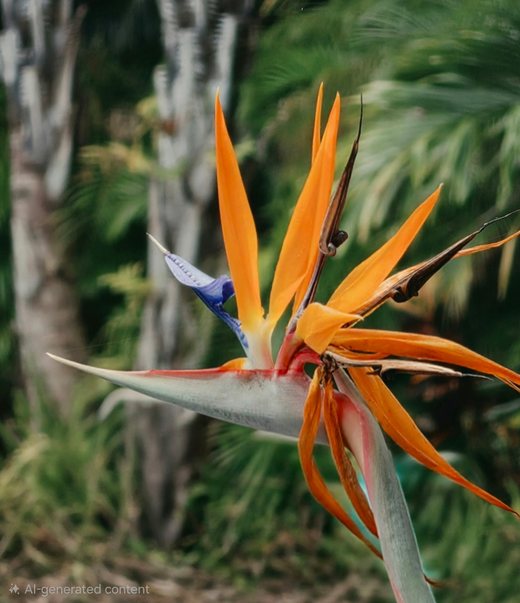 An orange and blue bird of paradise flower against tropical greenery.