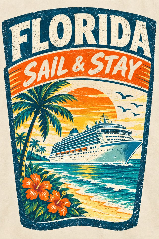 Florida Sail & Stay poster of a cruise ship at sunset, with palms and hibiscus.