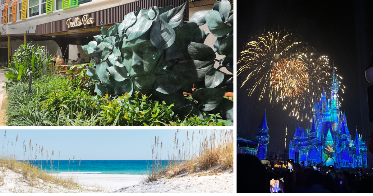 A leafy face sculpture outside Trellis Bar, a white-sand Florida beach, and fireworks over a blue castle at night.